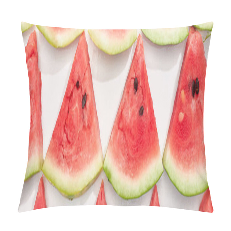 Personality  Panoramic Shot Of Fresh Watermelon Slices In Rows On White Background Pillow Covers