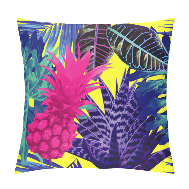 Personality  Pink Pineapple And Blue Exotic Plants Seamless Background Pillow Covers