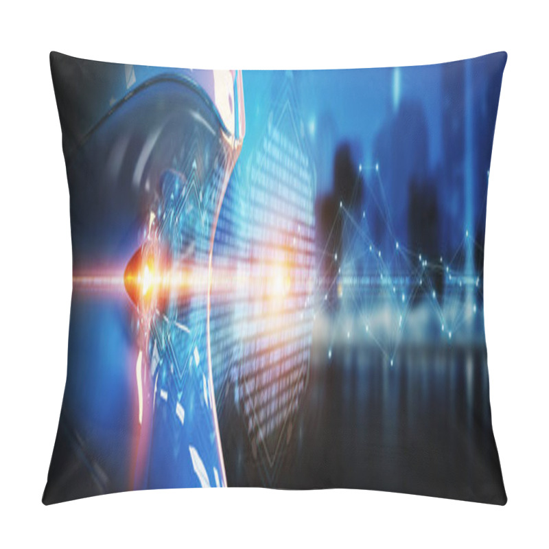 Personality  Cyborg Head Using Artificial Intelligence To Create Digital Interface On City Bokeh Background 3D Rendering Pillow Covers