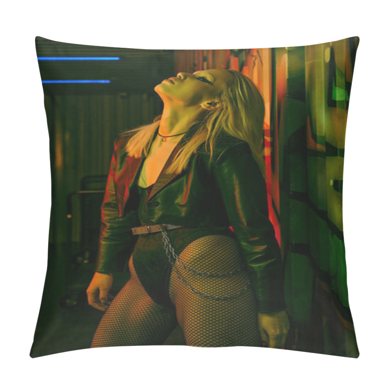 Personality  A Woman Wearing A Leather Jacket And Fishnet Stockings Pillow Covers