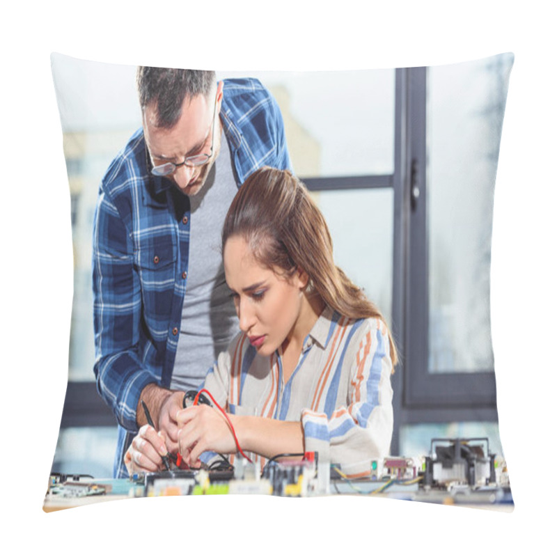 Personality  Woman And Man Engineers Testing Circuit Board Pillow Covers