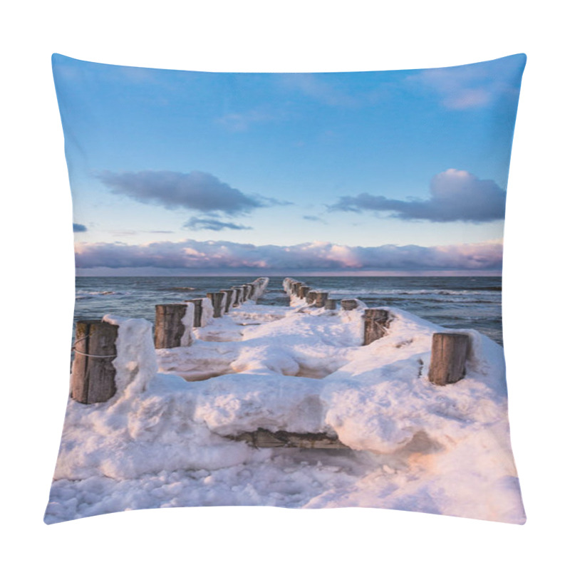 Personality  Groyne On Shore Of The Baltic Sea In Winter Pillow Covers