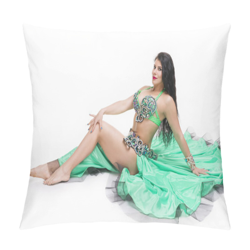 Personality  Young Beautiful Exotic Eastern Women In Ethnic Green Dress. Isolated On White Background Pillow Covers