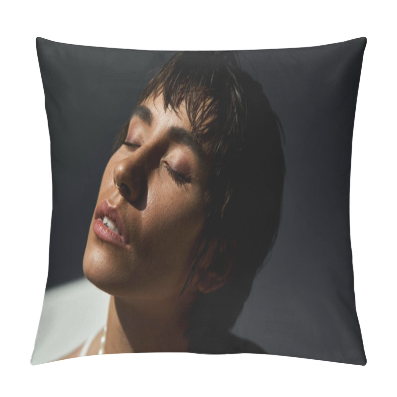 Personality  A Beautiful Woman In Stylish Attire Closes Her Eyes In A Dark Room. Pillow Covers