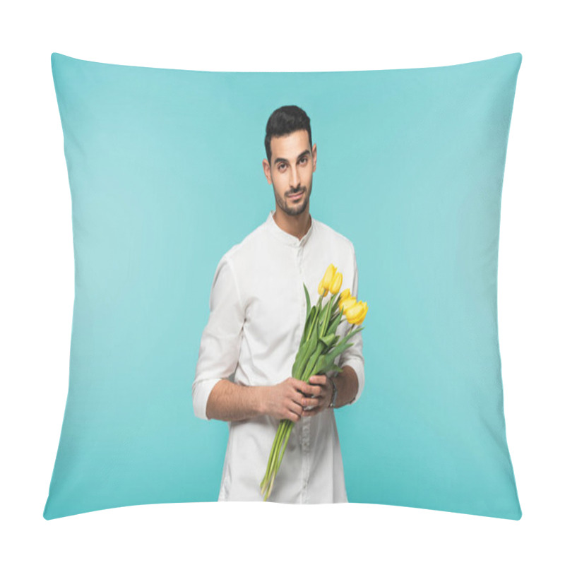 Personality  Arabian Man With Yellow Tulips Looking At Camera Isolated On Blue  Pillow Covers