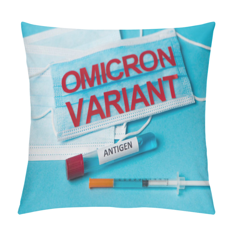 Personality  Test Tube With Antigen Lettering Near Medical Masks And Syringe On Blue Background  Pillow Covers