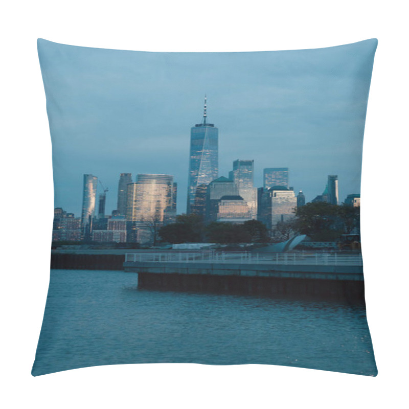 Personality  Scenic Cityscape With Manhattan Skyscrapers And Pier On Hudson River In Dusk Pillow Covers