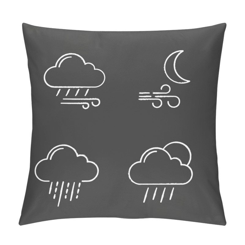 Personality  Weather Forecast Chalk Icons Set. Windy Rainy Weather, Wind At Night, Heavy Rain, Scattered Shower. Isolated Vector Chalkboard Illustrations Pillow Covers