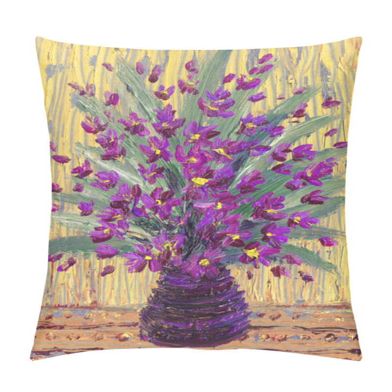 Personality  Still Life Oil. Charming  Bouquet Of Purple Flowers In A Vase Pillow Covers