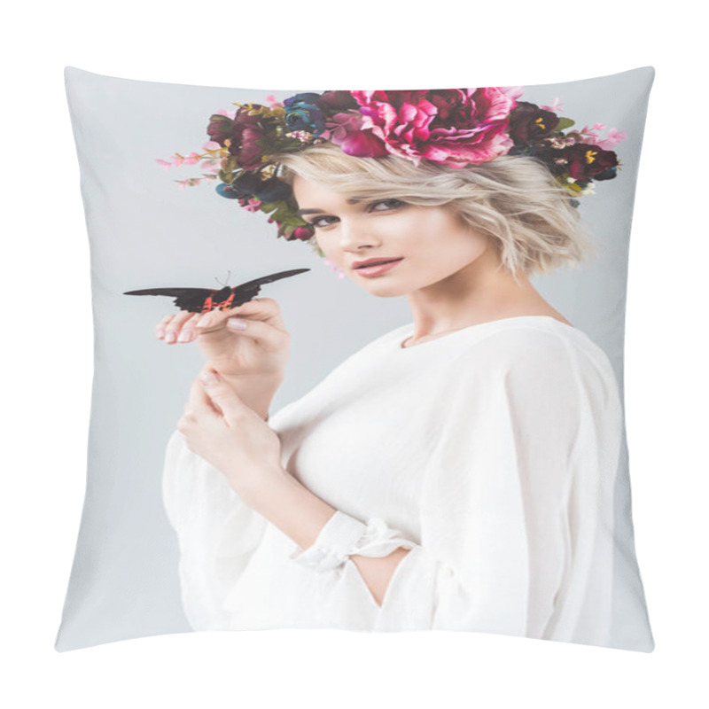 Personality  Beautiful Girl Posing In Wreath With Butterfly On Hands, Isolated On Grey Pillow Covers