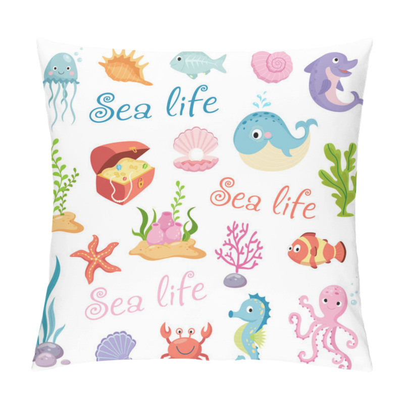 Personality  Cute Sea Life Creatures Cartoon Animals Set On White Background Vector Illustration Pillow Covers