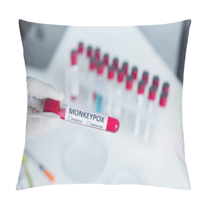 Personality  Cropped View Of Scientist In Latex Glove Holding Test Tube With Monkeypox Lettering In Blurred Laboratory Pillow Covers