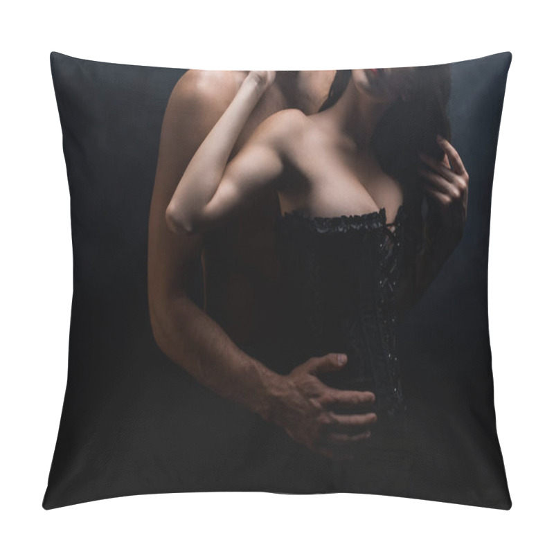 Personality  Cropped View Of Muscular Man Hugging Sensual Woman In Corset Isolated On Black  Pillow Covers