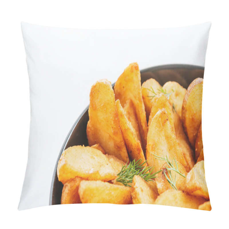 Personality  Close Up View Of Delicious Golden Potato Wedges With Dill In Bowl Isolated On White Pillow Covers