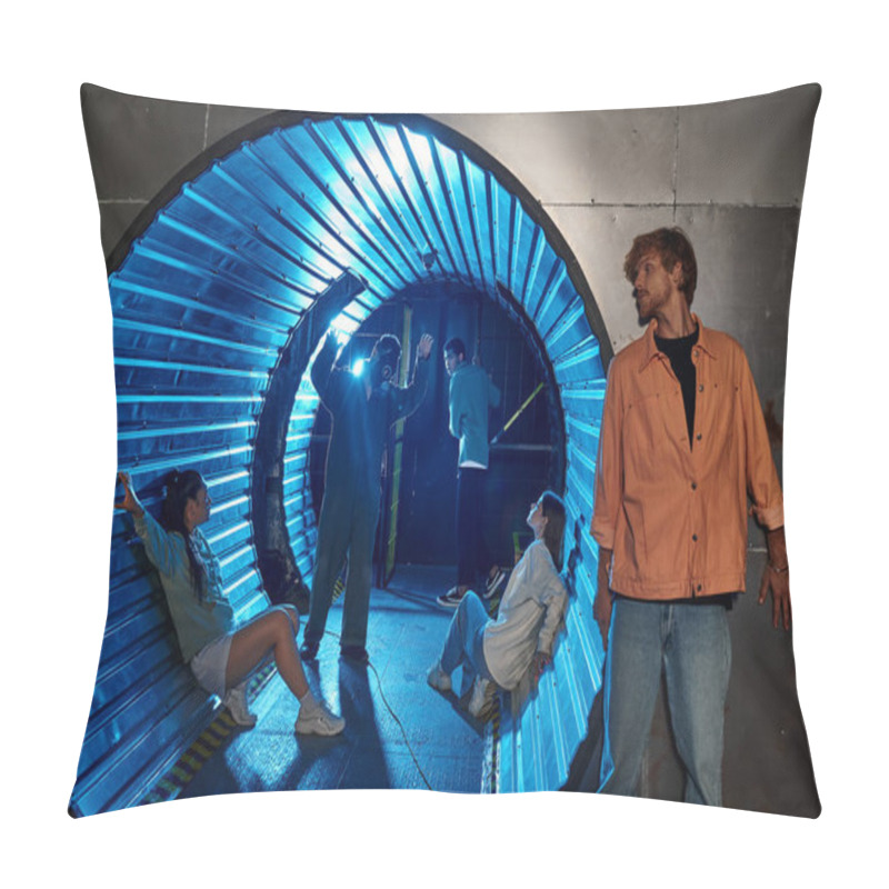 Personality  Multiethnic Group Of Friends Participating Thrilling Quest Room Adventure In Tunnel With Blue Light Pillow Covers