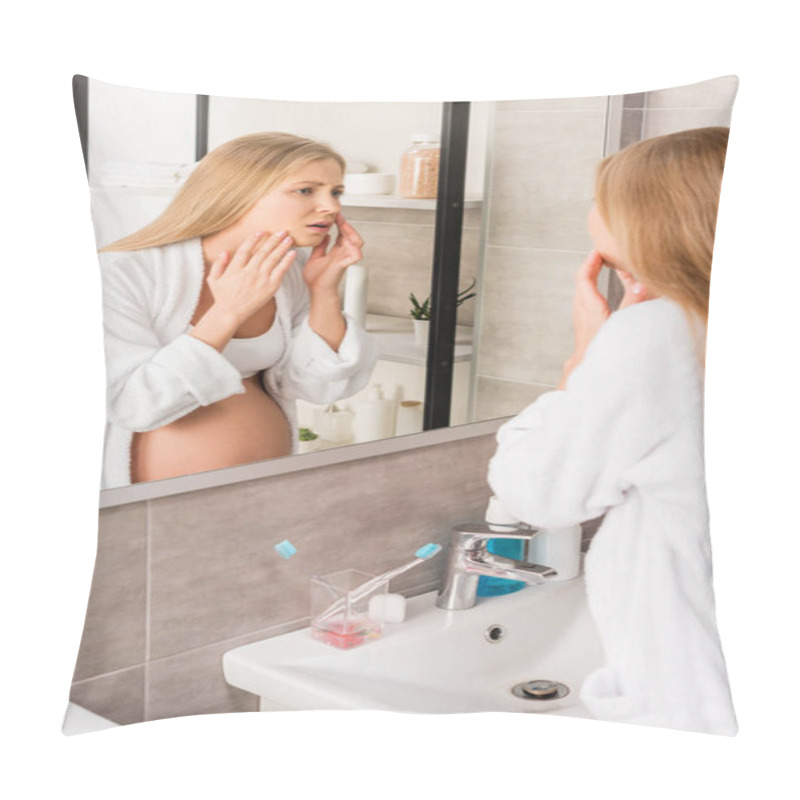 Personality  Depressed Pregnant Woman With Skin Problems Looking At Her Face Through Mirror In Bathroom Pillow Covers