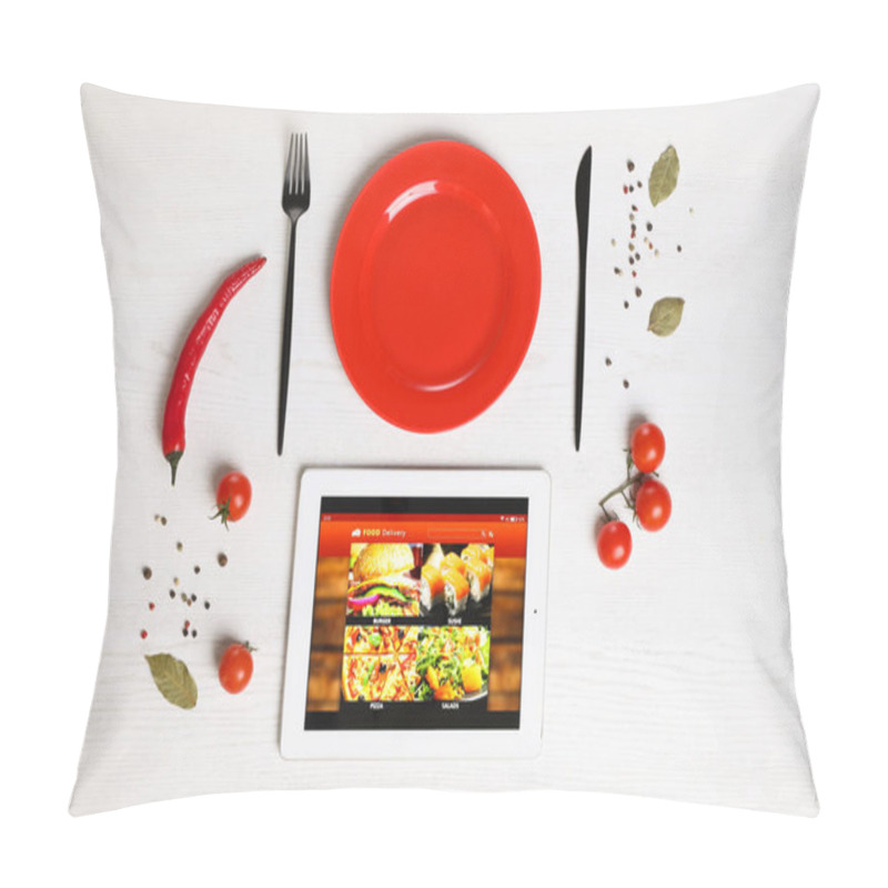 Personality  Modern Tablet With Open Page For Online Food Ordering, Scattered Vegetables, Spices, Plate And Cutlery On White Wooden Table, Flat Lay. Concept Of Delivery Service Pillow Covers