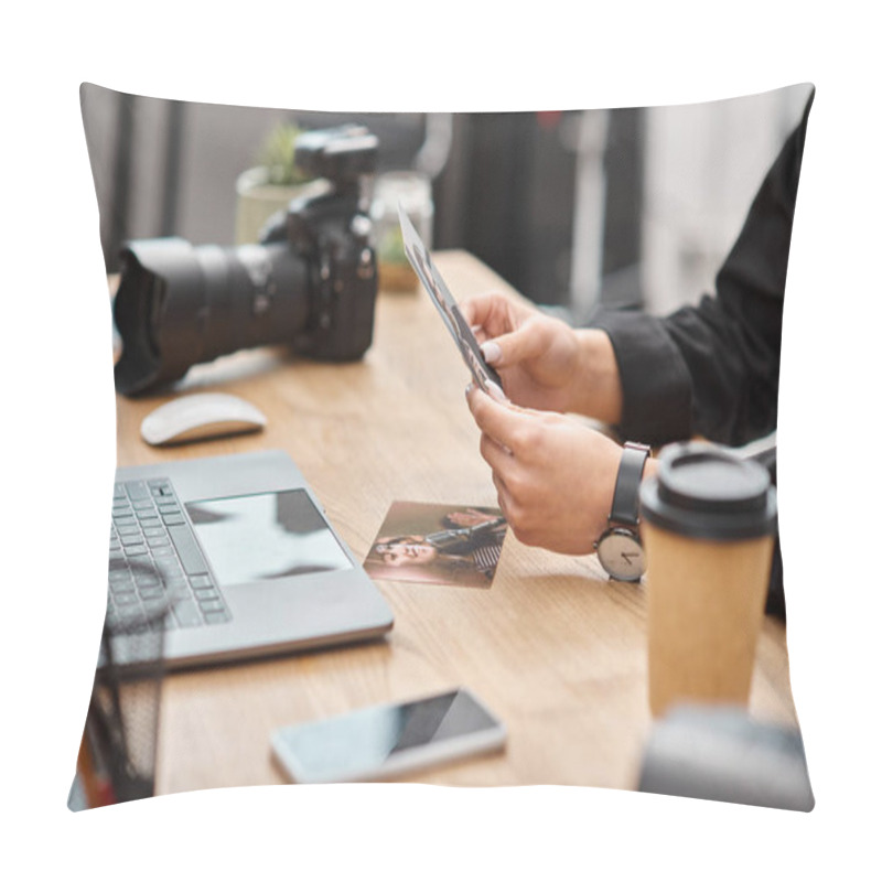 Personality  Cropped View Of Camera And Coffee On Table Next To Young Female Photographer With Photos In Hands Pillow Covers