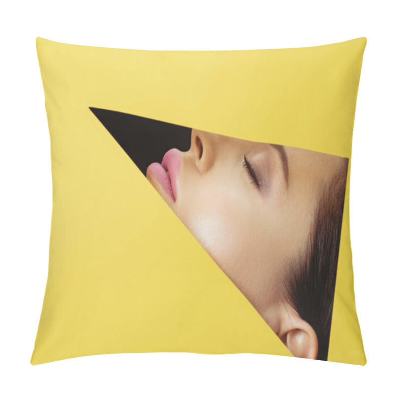 Personality  Female Face With With Pink Lips And Closed Eyes In Triangular Hole In Yellow Paper On Black Pillow Covers