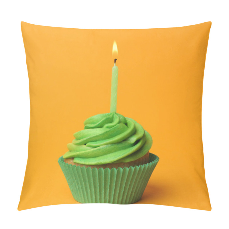 Personality  Delicious Birthday Cupcake With Green Cream And Burning Candle On Yellow Background Pillow Covers