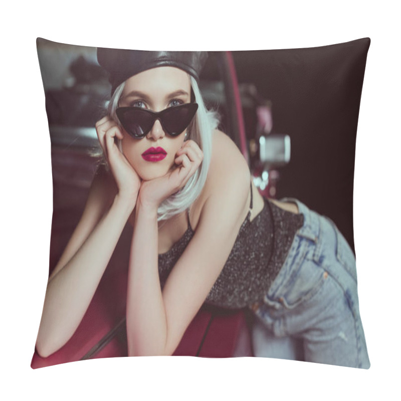 Personality  Beautiful Fashionable Blonde Girl In Beret And Sunglasses Leaning At Retro Car And Looking At Camera  Pillow Covers