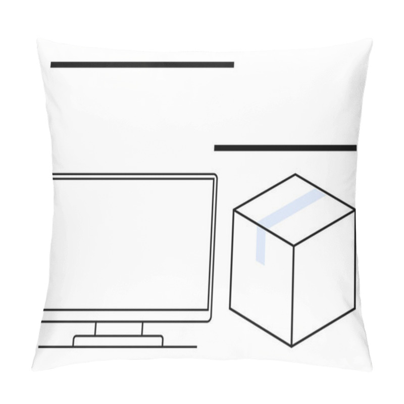 Personality  Desktop Monitor And Shipping Box With Tape. Ideal For E-commerce, Tech Setup, Home Office, Shipping Services, Online Shopping, Unboxing Experience, And Workplace Organization. Line Metaphor Pillow Covers