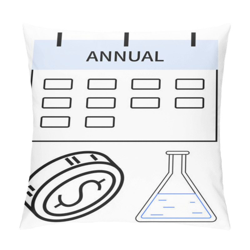 Personality  Annual Calendar Above A Coin With Dollar Sign And A Laboratory Beaker. Ideal For Financial Planning, Scientific Research, Budgeting, Event Coordination, Investment, Project Timelines, Academic Pillow Covers