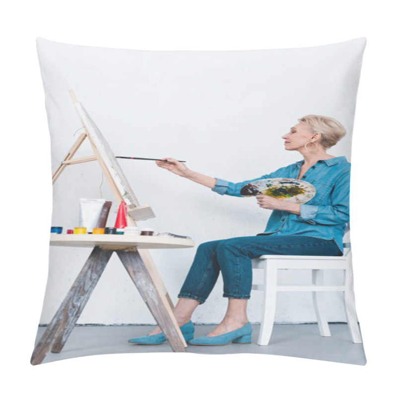 Personality  Senior Woman Painting On Easel In Artistic Workshop Pillow Covers