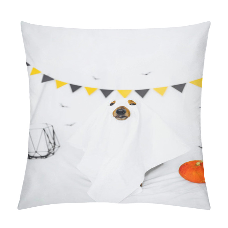 Personality  A Playful Dog Dressed As A Ghost For Halloween Celebration Indoors Pillow Covers