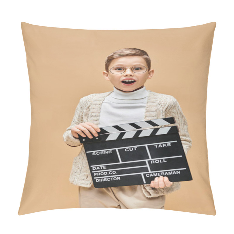 Personality  A Young Boy Disguised As A Film Director Holds A Clap Board In Front Of His Face. Pillow Covers