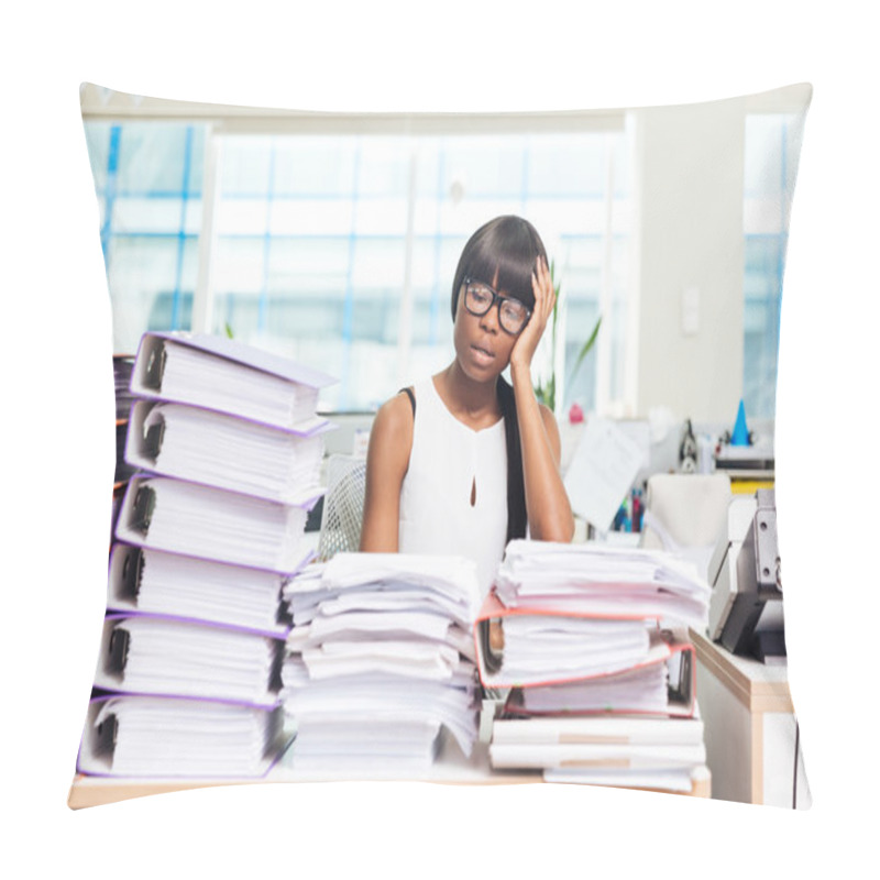 Personality  Businesswoman Sitting At The Table With Many Work In Office Pillow Covers