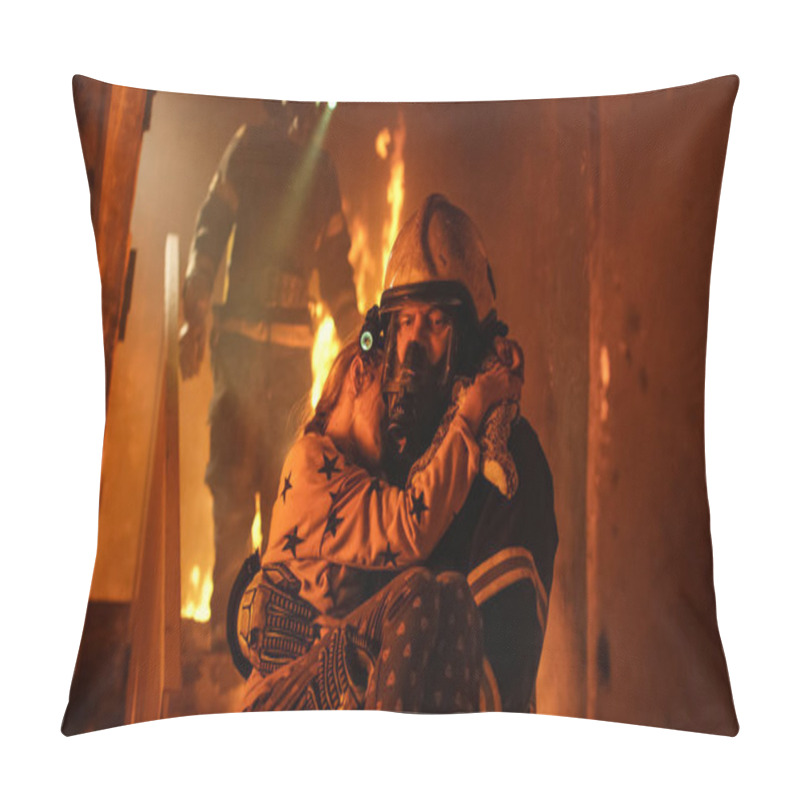 Personality  Burning Building. Group Of Firemen Descend On Burning Stairs. On Pillow Covers