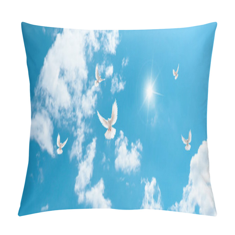 Personality  Shining Sun In The Beautiful Blue Sky And White Doves Flying Among The Clouds. 3D Ceiling Decoration Image. Pillow Covers