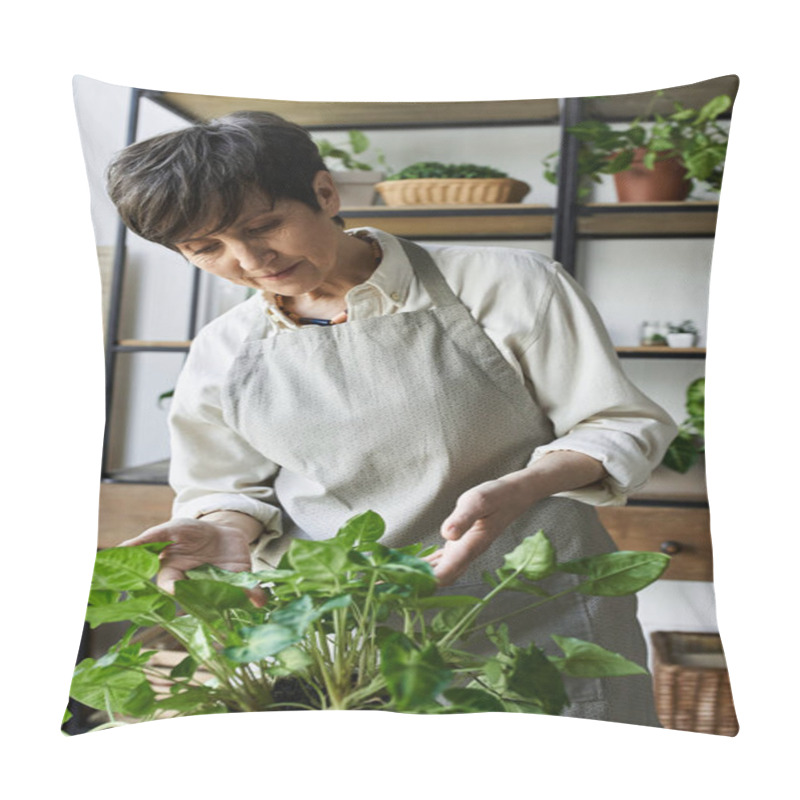 Personality  A Gardener Enjoys Tender Moments With Her Flourishing Plants. Pillow Covers