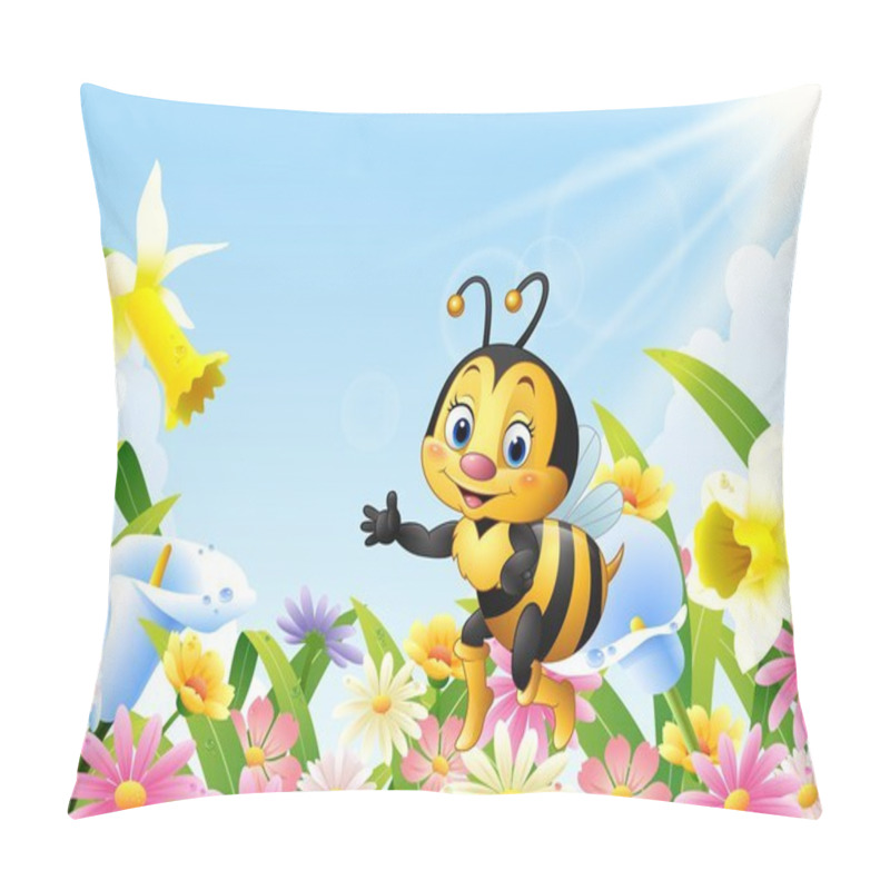 Personality  Cartoon Bee Sitting On Flower And Waving Hand Pillow Covers