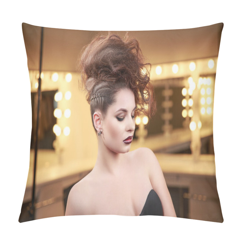 Personality  High Fashion Model Woman With Mohawk Hairstyle. Beauty Makeup. Glamour Updo Hair Style. Brunette Slim Lady In Dressing Room. Pillow Covers