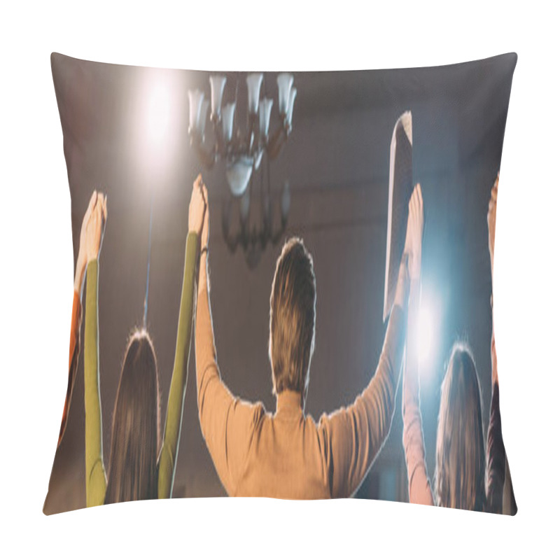 Personality  Panoramic Shot Of Actors And Actresses With Hands Up And Dramatic Lighting Pillow Covers