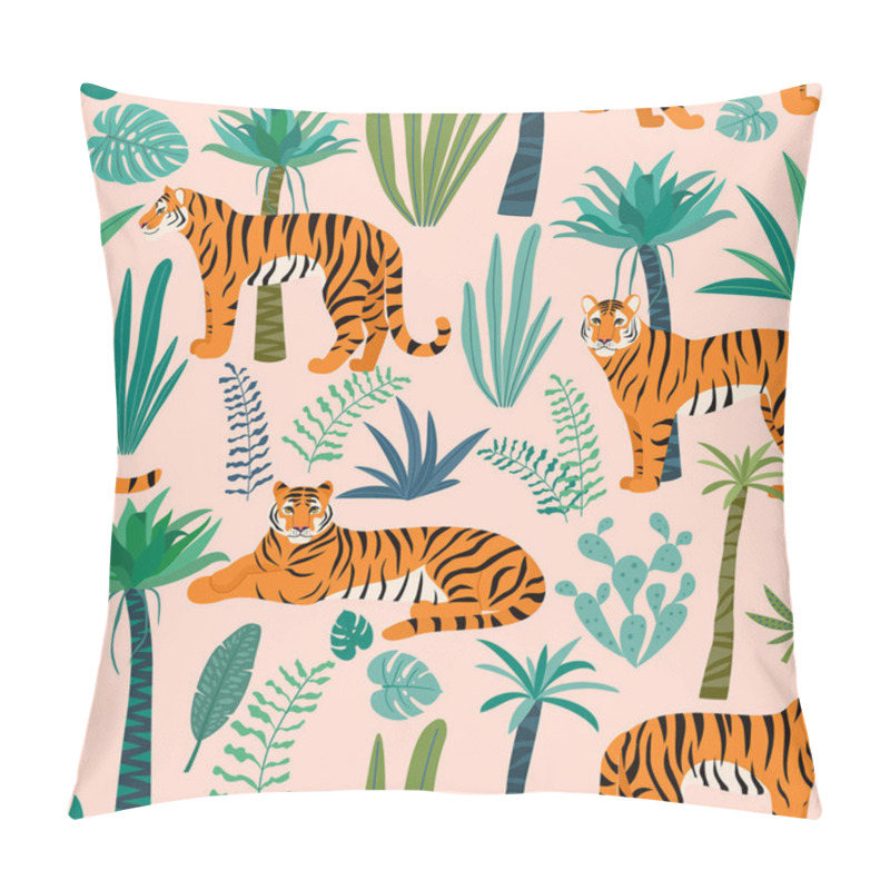 Personality  Tiger Pattern With Tropical Leaves. Vector Seamless Texture. Pillow Covers