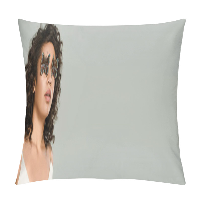 Personality  Curly African American Woman With Butterflies On Eyes Isolated On Grey, Banner Pillow Covers