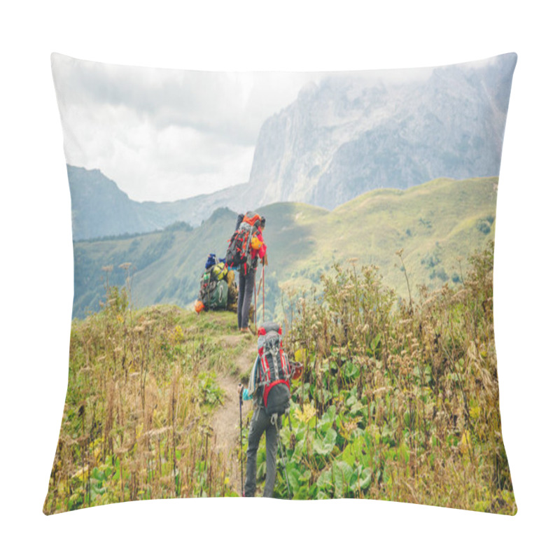 Personality  Group Hiking In The Mountains With Large Backpacks. Russia. Pillow Covers