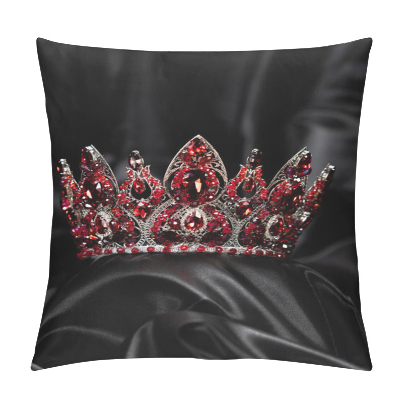 Personality  Crown For Miss Beauty, A Symbol Of Power And Elegance, Competition, Show. Tiara In White Metal And Red Stones With Beads On A Black Draped Satin Background Pillow Covers