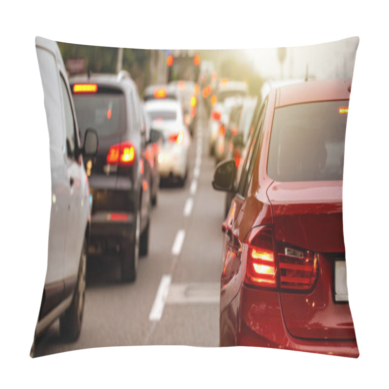 Personality  Rear View Of Modern Car With Brake Lights On During Rush Hour Pillow Covers