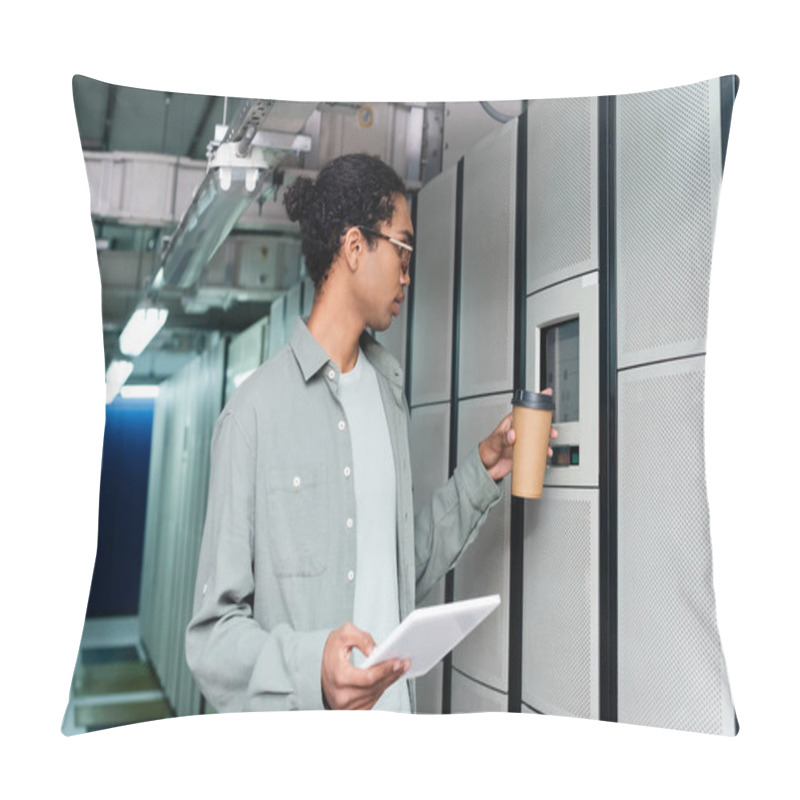 Personality  African American Technician With Coffee To Go And Digital Tablet Touching Control Panel On Server Pillow Covers