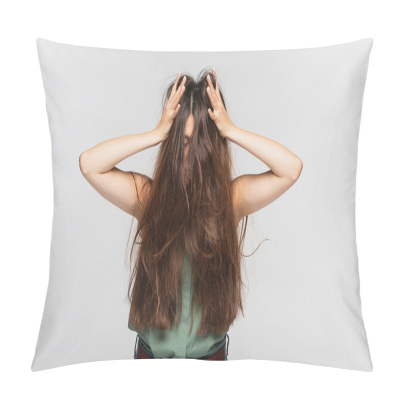 Personality  Young Woman Adjusting Tangled Long Hair Isolated On Grey  Pillow Covers