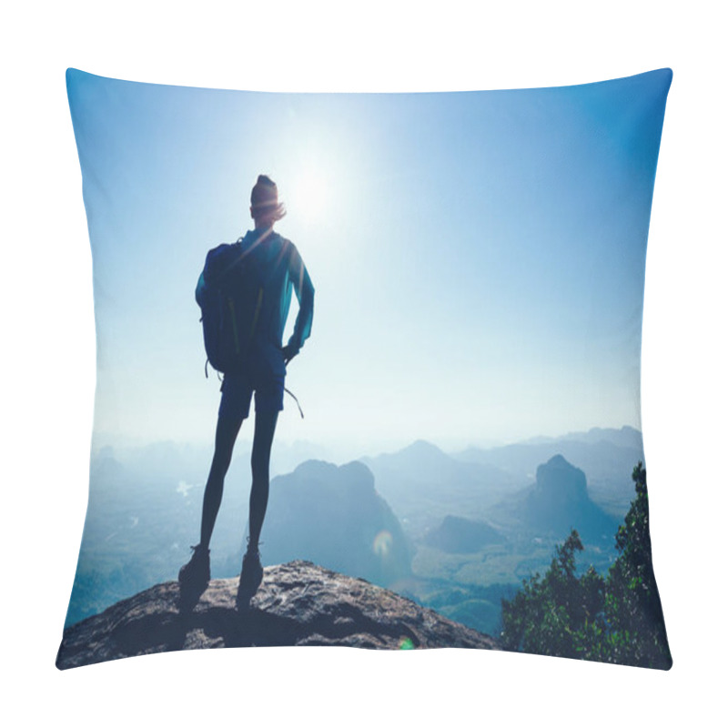 Personality  Successful Woman Hiker In The Sunrise On Mountain Top Pillow Covers