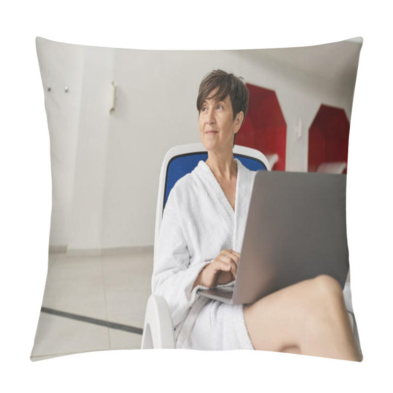 Personality  Remote Work, Middle Aged Woman Using Laptop, Sitting In White Robe On Lounger In Spa Center Pillow Covers