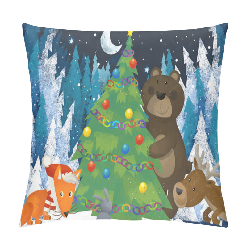 Personality  Winter Scene With Forest Animals Reindeers Bear Fox And Owl Near Christmas Tree - Traditional Scene - Illustration For Children Pillow Covers