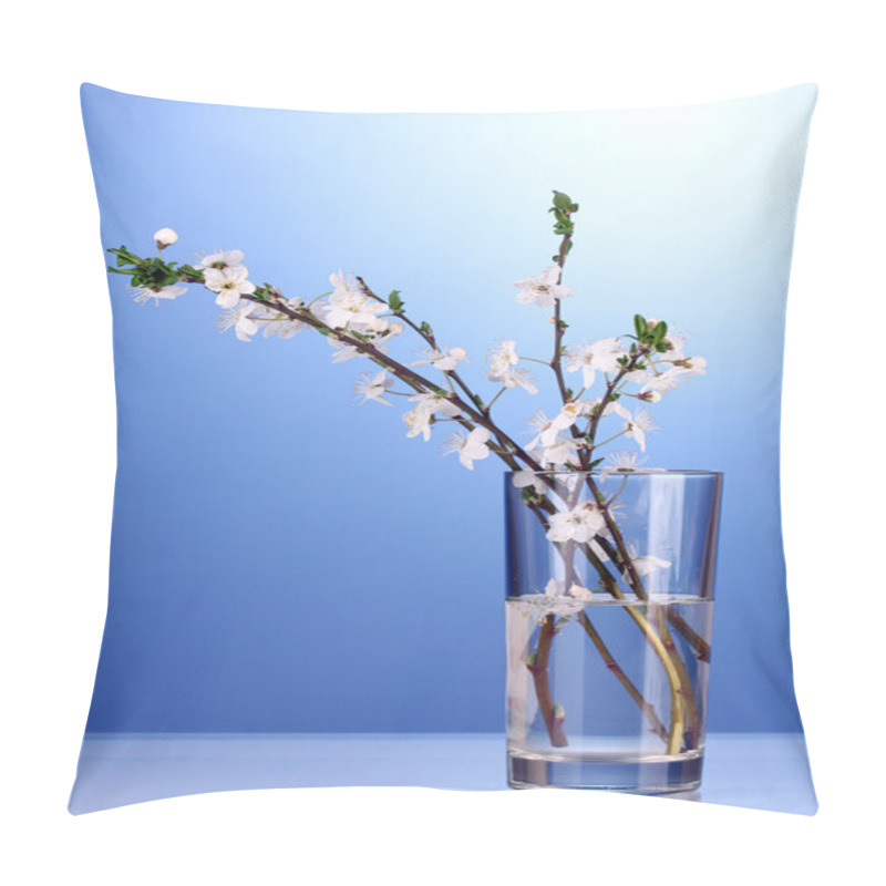 Personality  Beautiful Cherry Blossom In Vase On Blue Background Pillow Covers