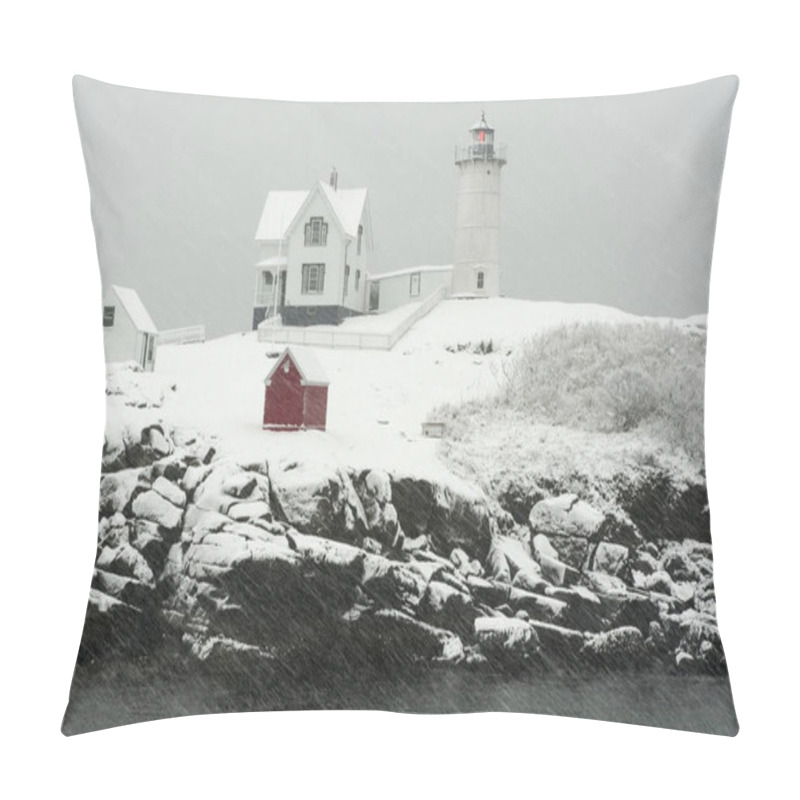 Personality  Nubble Lighthouse, Also Known As Cape Neddick Light, Flashes Its Red Light During A Blizzard Snowstorm In Maine, In New England. Pillow Covers