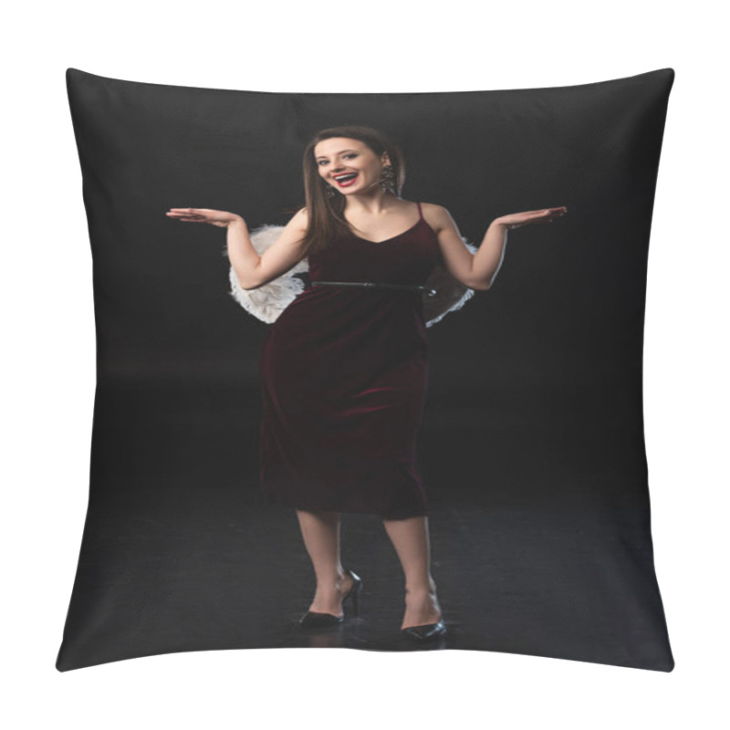 Personality  Smiling Woman In Dress With Wings Looking At Camera On Black Background  Pillow Covers